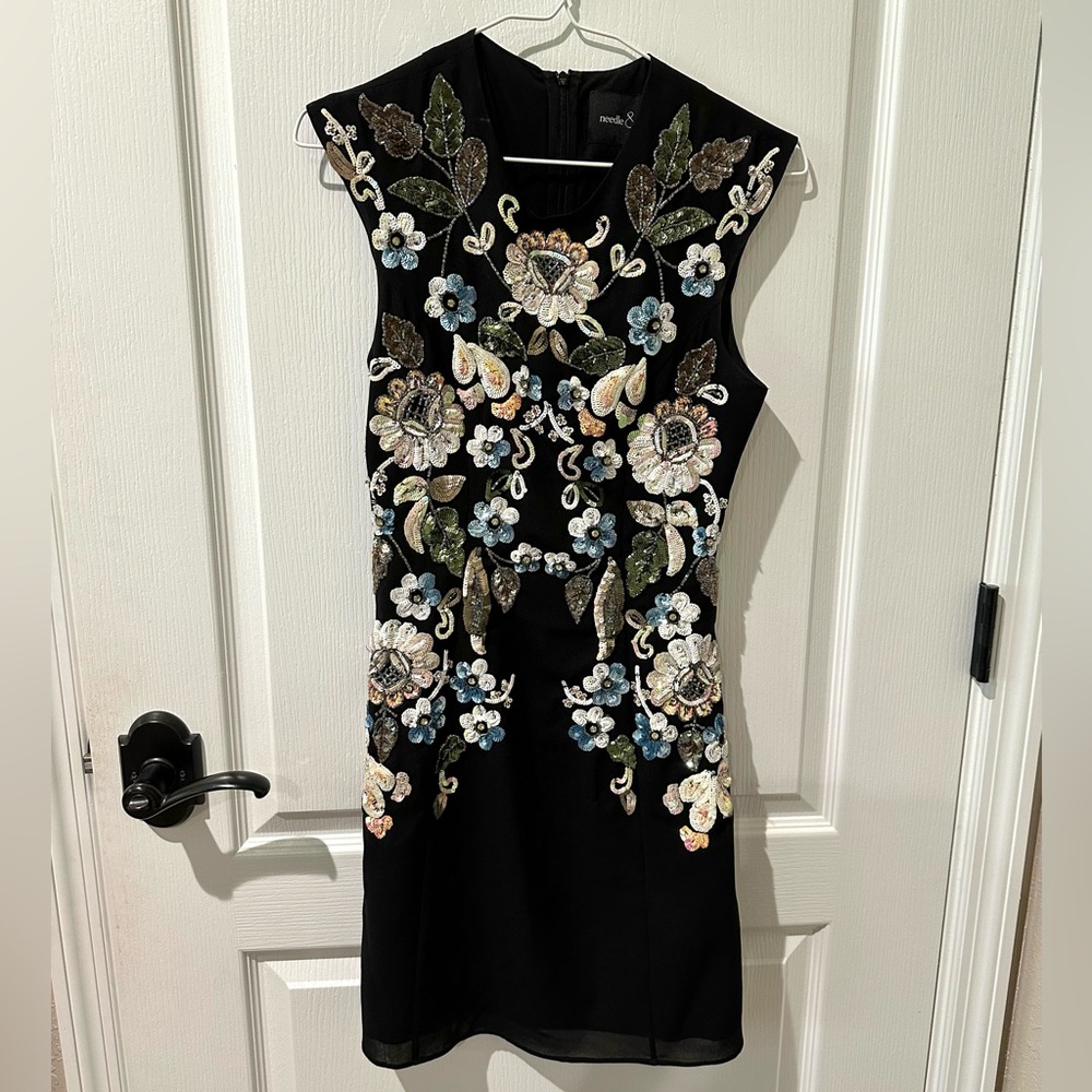Needle & Thread Black Bead and Sequin Floral Cap Sleeve Sheath Dress